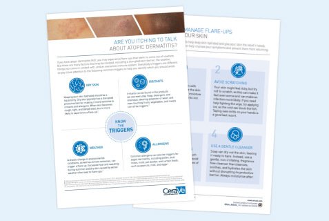 Patient education sheet that explains how to identify the triggers of atopic dermatitis to help reduce skin symptoms.